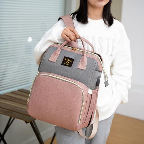 Kodyiuy Baby Diaper Bag Backpack Changing Station for Large Capacity Travel Foldable Bag Female New Mom Gift Pink-gray