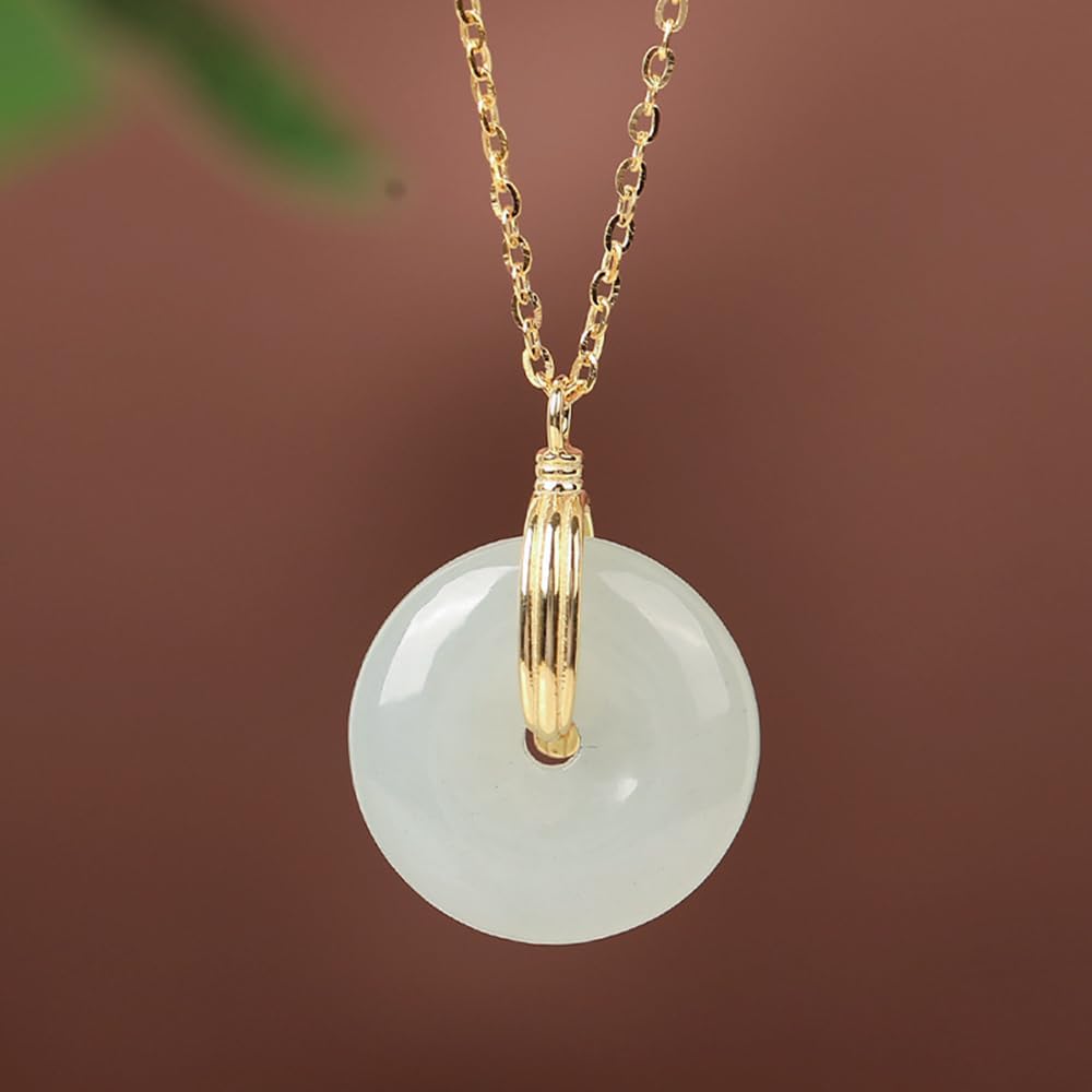 Natural White Jade Donut Necklace for Women, Green Healing Gemstone Pendant Choker, Gold Plated Circle Pendant with Good Luck, Gift for Women, Mom, Length adjustable, 18'' - Image 4