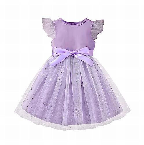Toddler Girls Sequin Puffy Fly Sleeve Lace Dresses with Bow Tie Pink Princess Dress for Kids Wedding Party Cloth