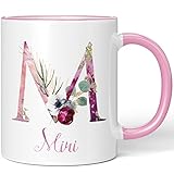 JUNIWORDS Tasse, Miri, Name Anfangsbuchstabe Initial Alphabet Floral Buchstabe M Monogramm Motiv, Rosa (5529004)