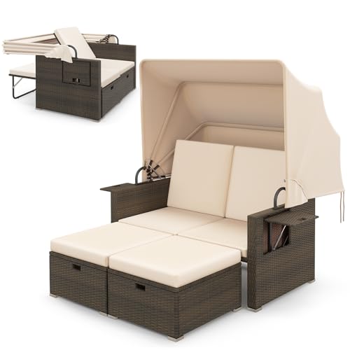 Moccha Outdoor Daybed with Retractable Canopy - Rattan Loveseat Sofa Set w/ Adjustable Backrests, 2 Folding Side Panels, Storage Ottomans, Double Bed Lounger for Garden Patio Furniture Set (Beige)
