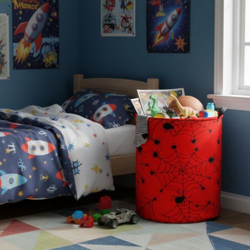 Image of Baby Laundry Hamper Basket Baby Hamper for Nursery Boy and Girl Cute Storage Bin Organizer Boho Room Decor(Red Spider Webs)