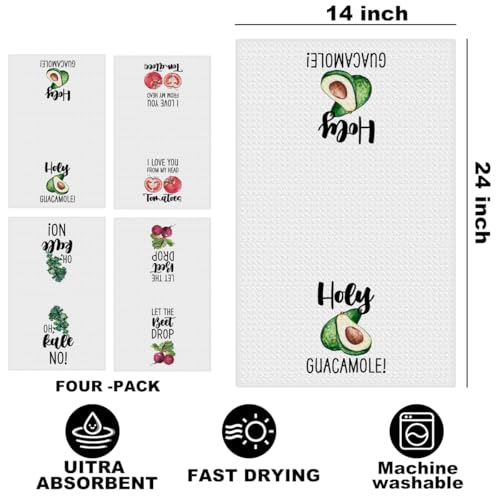 Image of 4Pcs Funny Vegetable Kitchen Towels 24x14 Inch, Tomato Avocado Carrot Decor Microfiber Reusable Tea Towels for Bathroom Farmhouse, Durable Waffle Dish Drying Towel, Housewarming Gifts for Women Mom
