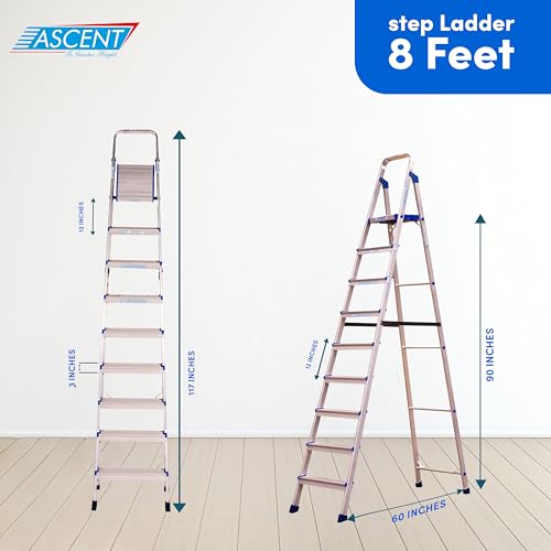 Image of ASCENT Ladder for Home 9 Steps Foldable Step Ladder with 12-Inch Wide Anti-Skid Platform | Virgin Aluminium Material for Strength & Stability | Heavy Duty | 5 Year Warranty | 180 kg Capacity