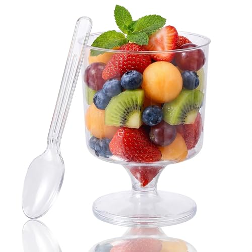 Fracurs 2 oz Mini Plastic Dessert Cups with Spoons 120 Pack Plastic Dessert Cups, Clear Disposable Round Serving Goblet Cup, Appetizer Parfait Cup for Pudding, Ice Cream and Party by Fracurs - Used condition - CA$28.25