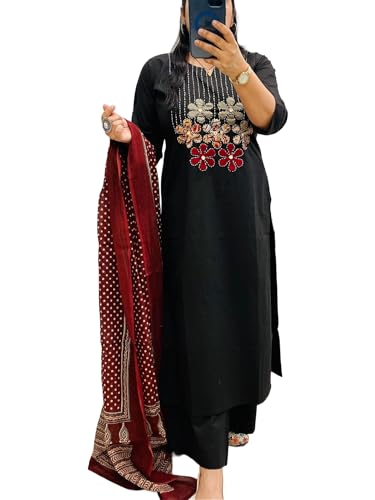 Image of BHARVITA Women's Cotton Embroidered Anarkali Kurta and Palazzo with Dupatta Set | A-line fit