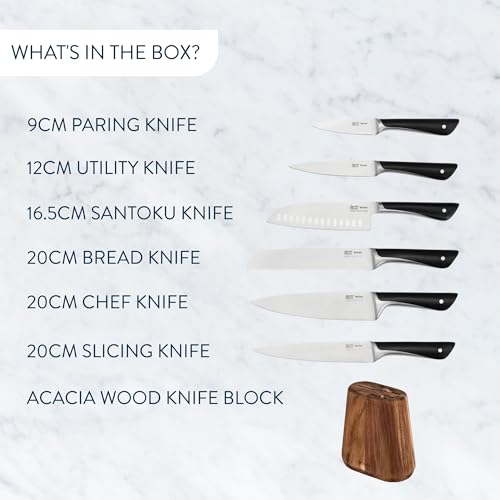 Foto von Tefal Jamie Oliver 7-teiliger Messerblock, 6 Küchenmesser + Akazienholz Messerblock, hohe Schneideleistung, unverwechselbares Design, widerstandsfähige und langlebige Klingen, Braun/Schwarz, K267S7