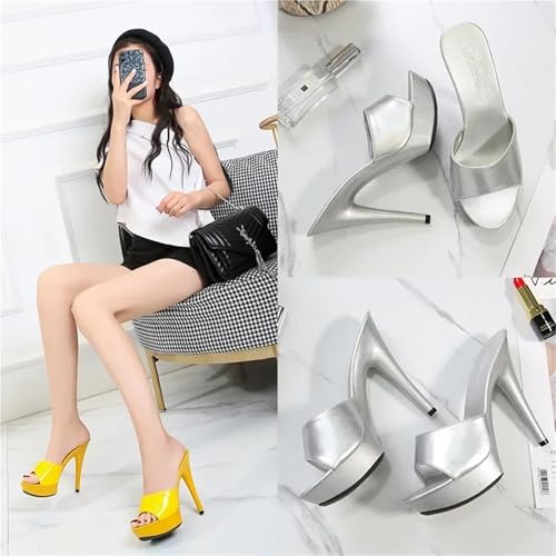 Kitten Heels Womens Slippers Mule Patent Leather Sandals Sexy 13CM Slides Party Shoes(Silver,9)4