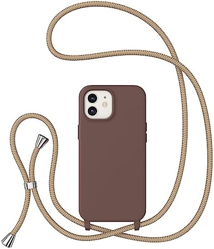 ZTOFERA Crossbody Lanyard Case for iPhone 12 / iPhone 12 Pro, Liquid Silicone Protective Phone Case with Strap Adjustable Neck Cord Necklace Soft Cover for iPhone 12/12 Pro, Brown