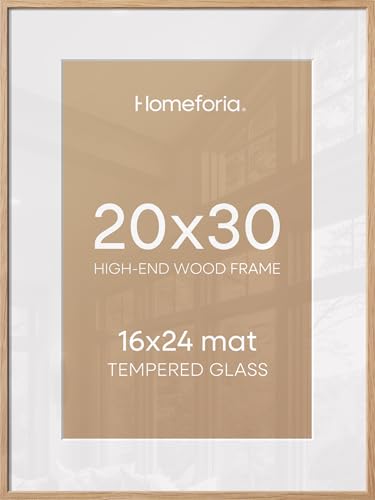Image of Homeforia 20x30 Picture Frame Wood, High End Natural Oak 20 x 30 Frame with Mat 16 by 24, 20x30 Light Wooden Poster Frames Matted to 16x24 Photo, 30by20 Large Frame, Tempered Glass, Wall Kit, Set of 2