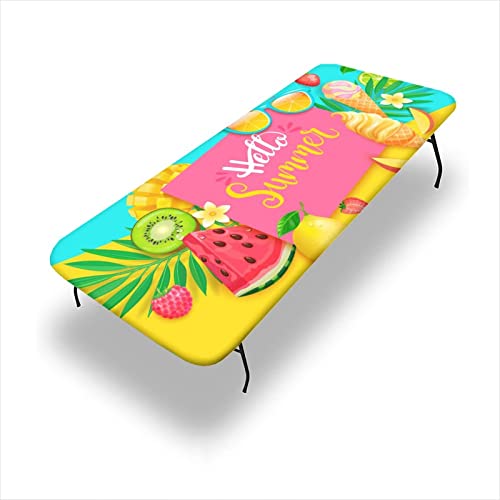 SongYi Summer Tablecloth Rectangle, Waterproof Fitted Table Cloth for Outdoor Picnic Parties, Fresh Theme Elastic Edged Washable Cover 4 Foot Folding Table, HotPink Yellow, ft, 24x48 inch