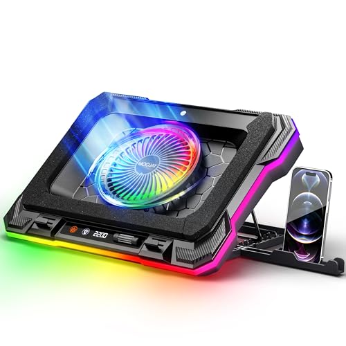 MOOJAY Laptop Kühlkissen Leistungsstarker Turbolüfter RGB Gaming Notebook Kühler mit 8 Höhenverstellbar und Handyständer, für 14-19 Zoll Laptops - Farbiges LED-Licht
