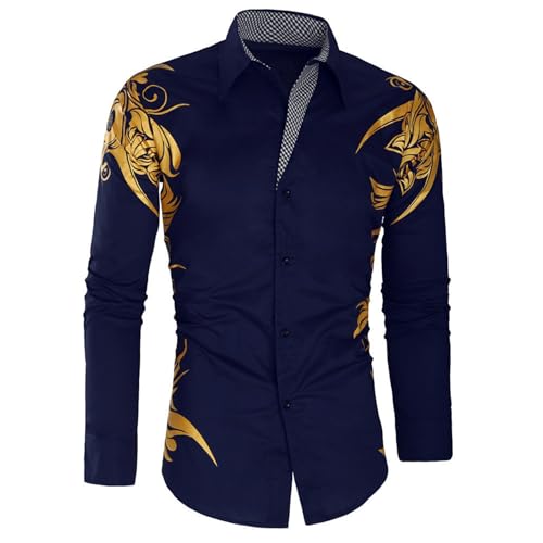 Rrongwn Camisa floral de manga larga para hombre, camisa estampada personalizada para hombre, otoño, delgada, manga larga, dorada, negra, camisa para hombre, social, hombre, club, baile de graduación,