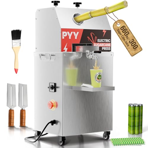 Image of PYY Electric Sugarcane Juice Machine - 800W Sugar Cane Juicer with 660lbs/hr 28 RPM High Output, 3-Rollers Stainless Steel Sugarcane Machine Extractor Squeezer on Wheels for Home Commercial