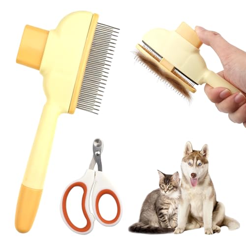 Vlooienkam voor katten, zelfreinigende vlooienkamset met klauwschaar, kattenborstel, ondervacht voor lang haar, kortharige katten, kattenkam voor het gladmaken en ontwarren van het haar