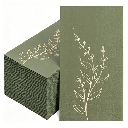 Olive Green Napkins 2- Ply Disposable Dinner Paper Napkin 100 Pcs Gold Foil Leaves Cocktail Napkins for Christmas Dinner Picnic Birthday Wedding Party