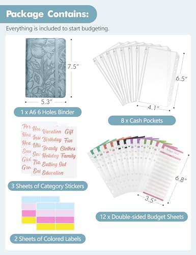 Image of A6 Budget Binder for Money Saving, Budget Planner, Money Organizer for Cash | with 8 Cash Envelopes, Budget Sheets & Rose Gold Category Stickers, PU Leather, Blue Embossed Floral