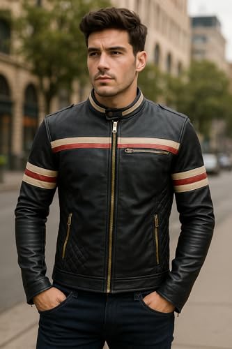 Mens Black Cafe Racer Jacket - Red and White Stripe Biker Leather Jacket Men3