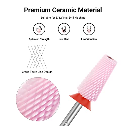 Melodysusie Ceramic Tapered Barrel Nail Drill Bits, 3/32'' Carbide Tungsten Bits, Suitable For Manicure Pedicure Cuticle Gel Polishing, Technicians Bits, Pink, Series Bit-S, Fine #TOP1
