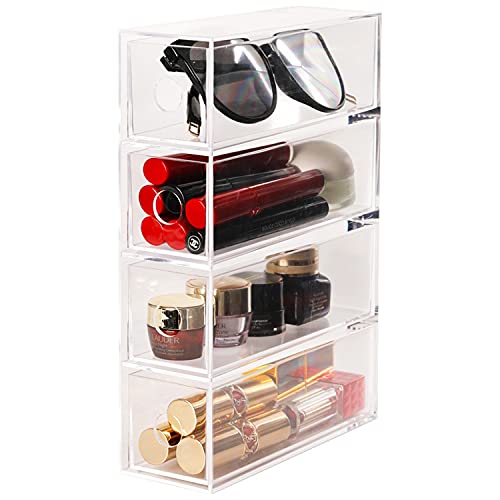 Acrylic Sunglasses Organizer - 4-Drawer Organizer Rectangle Sunglasses Holder - Stackable Sunglasses Case - 9.6" x 6.9" x 2.6" Clear Display Case Storage Box w/ Drawers - Eyeglass Holder Organizer Box