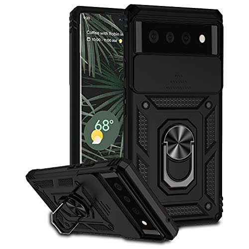 COTDINFOR Funda para Google Pixel 6 Carcasa con Cubierta de Cámara 360°Magnético Anillo Soporte PC y Silicona TPU Rugged Case Anti-Choque Protectora Carcasa para Google Pixel 6 Black JXJ.