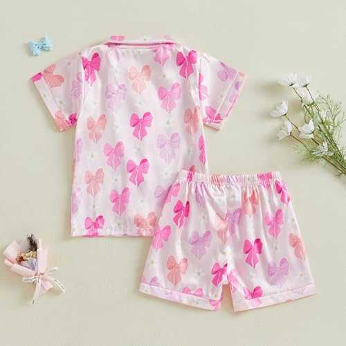 ZAXARRA Kid Girl Summer Pajamas Set Bow Print Lapel Short Sleeve Button Down Tops with Shorts Satin Sleepwear4