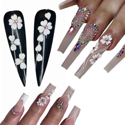 Set White Heart 3D Flowers for Nails, Handmade 3D Acrylic Flowers for Nails, Flower Nail Charms Rhinestones Gems by Acrylic Powder Design Deco Nail Art Women Girls (White Heart)