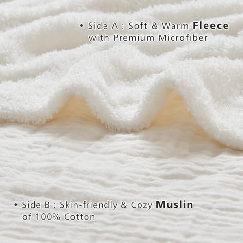 EMME White Throw Blanket Muslin and Fleece Blanket for Women Reversible - 50"*60" Soft & Cozy Warm Lightweight Small Blankets for Couch Bed Picnic Travel Bed