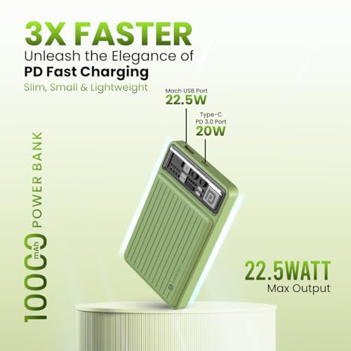 Portronics Luxcell Mini 10K Advanced 10000 mAh Nano Power Bank with 22.5W Max Output, LED Indicator, Mach USB-A Output, Type C PD Output, Type C Input, Wake Up Button(Green)
