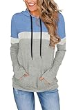 CATHY Womens Long Sleeve Hoodies Tops Casual Color Block Sweatshirts Comfy Drawstring Pullover with Pocket, S, Sky Blue+Light Gray