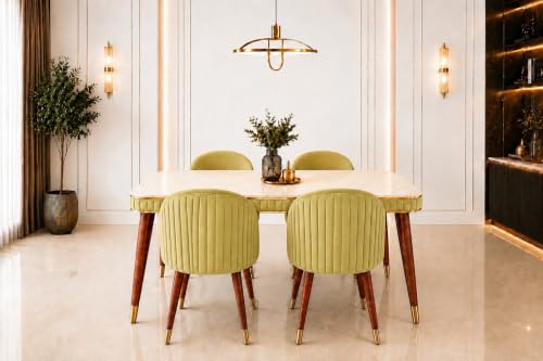 Image of WOODEN SPACE Majestic 4 Seater Wooden Dining Table Set | Urban Marble Top Dining Table with Chairs for Dining Room & Kitchen (Majestic Classic Backline Light Green) (54 x 36 x 30 inch)