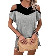 RoseSeek Women's Cut Out Cold Shoulder T Shirt Color Block Short Sleeve Crewneck Tee Tops Casual ...