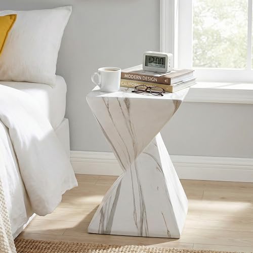 Christopher Knight Home 18.5 Inch Modern Outdoor Faux Concrete Side Table, Patio End Table with Sculptural Fluted Geometric Design, Accent Table for Garden Balcony Poolside, White Marble Finish by Christopher Knight Home - Used condition - Image 2