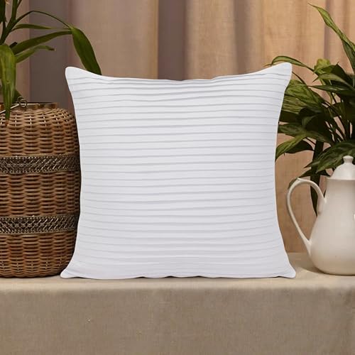 Image of HOME COLORS.IN Cotton Plain Double Side Pleated Cushion Cover - Set of 2-18 x 18 Inch - White