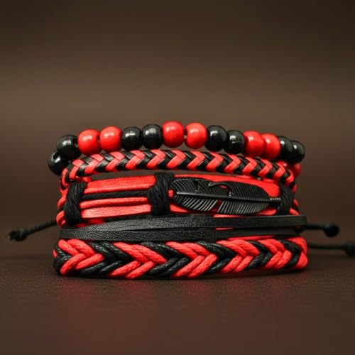 Image of THE MEN THING CRIMSON FEATHER - 4 Pcs Genuine Leather Adjustable Bracelet Set for Men & Boys (8 inch)