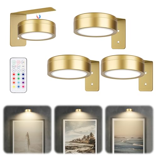 Bilderleuchte Kabellos – 3 Stück Batterie LED Wandleuchte für Kunstwerke, Magnetische Bildbeleuchtung Kabellos mit 13 RGB-Farben und Dimmfunktion, Vielseitig einsetzbar auch als Schrankbeleuchtung