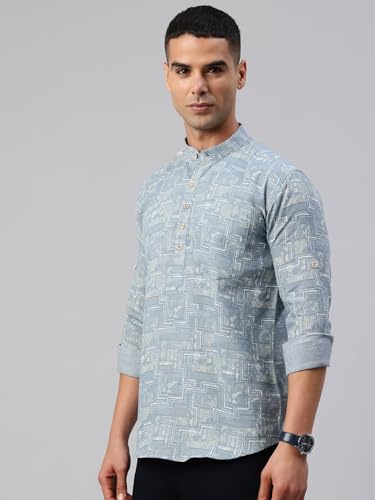 Image of Majestic Man Men's Pure Cotton Printed Mandarin Collar Regular Fit Roll-Up Sleeves Short Kurta