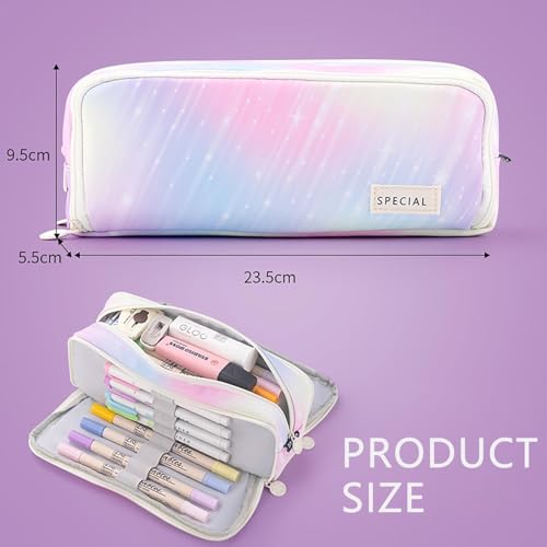 Image of Canvas School Bag Pencil Case, 3 Layer 6 Compartment Large Capacity, Aesthetic Pencil Pouch for Stationary, Cute Stationery for Kids, Pencil Case for Girls & Boys (Rainbow Pink)