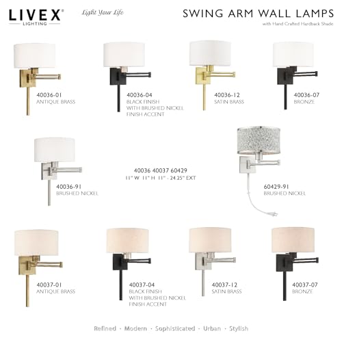 Image of Livex Lighting 40036-04 1-Light Swing Arm Wall Light, Black | Off-White Fabric Shade