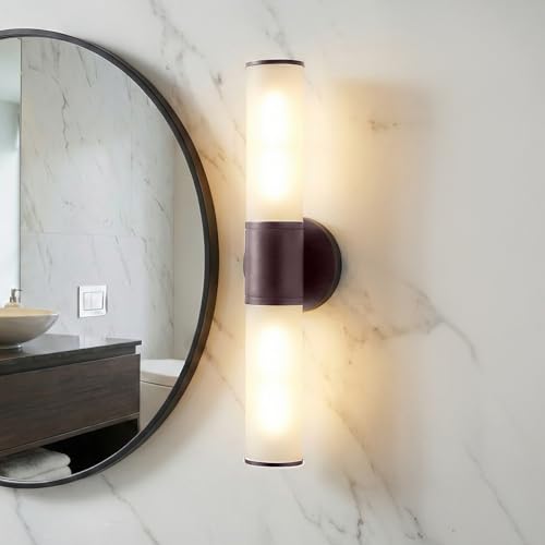 Image of 2-Light Bathroom Vanity Lighting Fixture, Oil Rubbed Bronze Wall Sconce with Opal White Glass, E26 Stocket Indoor Wall Lamp, Modern Mirror Light