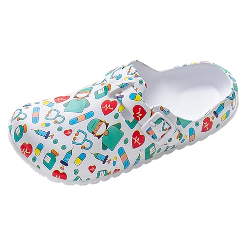 Sandalias tipo zuecos y mulas para mujer, con estampado de dibujos animados, zapatos de trabajo de hospital, zapatos de verano, antideslizantes, con puntera cerrada, sandalias de jardín, transpirables