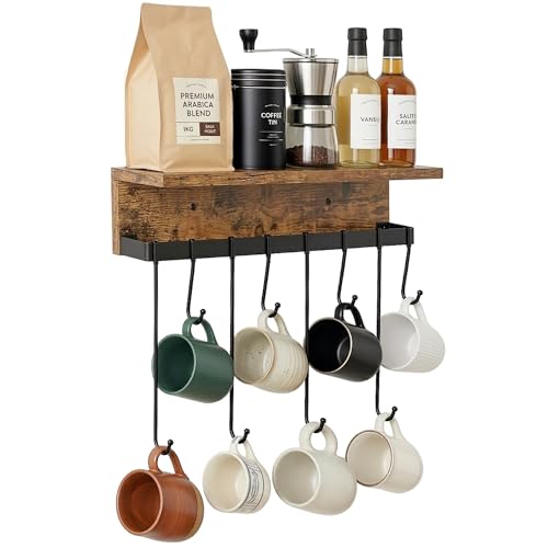 yeavs Wall Mounted Mug Holder, Floating Shelf with Hooks Wooden