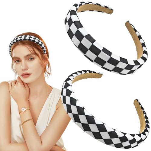 Capiant 2 Pack Checkerboard Headbands Black And White Headbands Checkered Padded Headband Sponge Puffy Headband cover