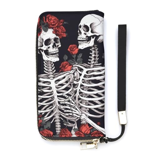 Portefeuille long en cuir synthétique rose au design squelette soigné