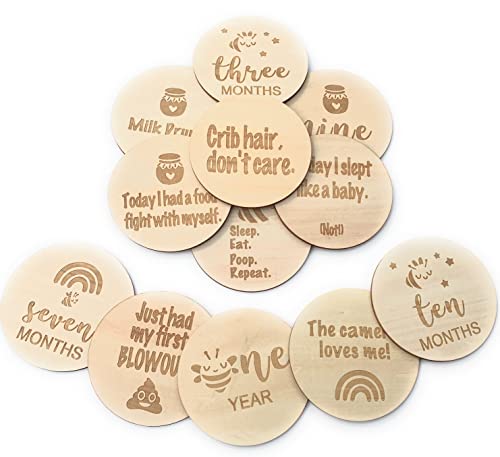 Image of Funny Baby Monthly Milestone Announcement Cards | 13 Round Wooden Double Sided Signs | Gender Neutral Gifts | Baby Shower | Fun Photo Props | Baby Registry | Pregnancy Gift | Baby Photo Props