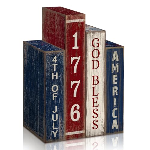 Lineshading 4 Pcs 4th of July Table Decoration Wooden Book 1776 God Bless America Decor Patriotic Tiered Tray Decor Farmhouse Red White and Blue American Block Signs for 250th Anniversary Home Shelf