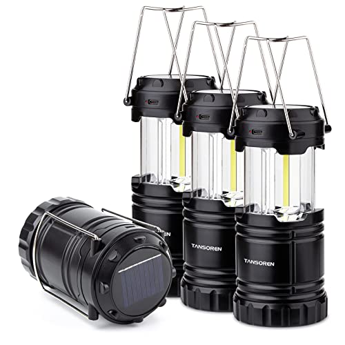 4 Pack Solar Lantern Camping Essentials Lights, LED USB Rechargeable Flashlight for Power Outages, Battery Powered Magnetic Base Operated Lamp for Emergency, Survival Gear and Supplies for Hurricane