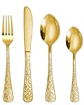 SHEUMNT 24-Piece Gold Vintage Carved Silverware Set for 6, Stainless Steel Flatware Set with Knife/Fork/Spoon, Cutlery Set for Home and Kitchen, Utensil Set with Dishwasher Safe