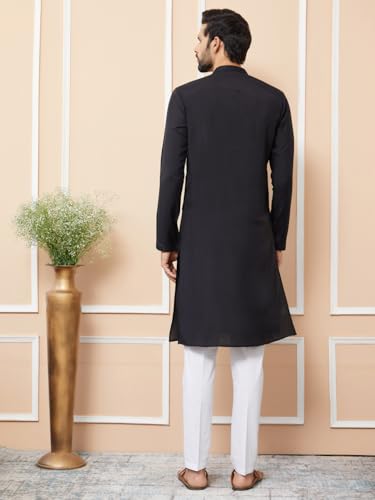 Image of See Designs Men's Long Sleeve Mandarin Collar Side Slit Cream Embroidered Chanderi Silk Straight Kurta with Pyjama