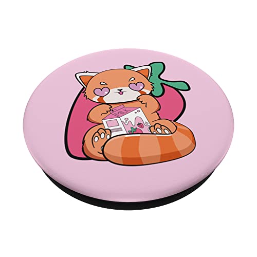 Strawberry Milk Red Panda Cute Chibi Anime Otaku Nu PopSockets Swappable PopGrip, Black - Image 2